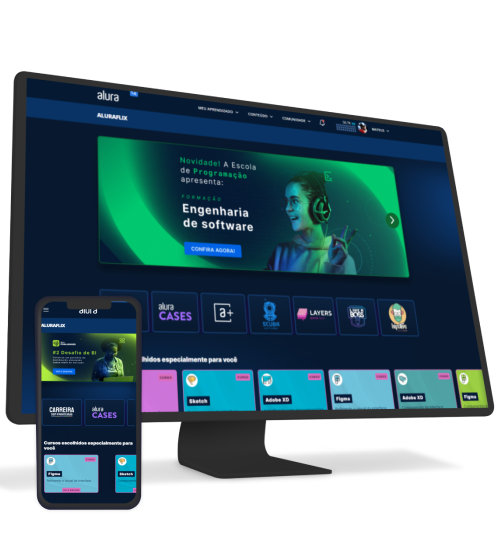 Monitor e celular com o site da Alura Plus aberto